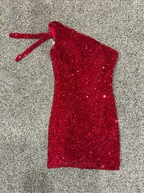 Red One-Shoulder Sequin Mini Dress